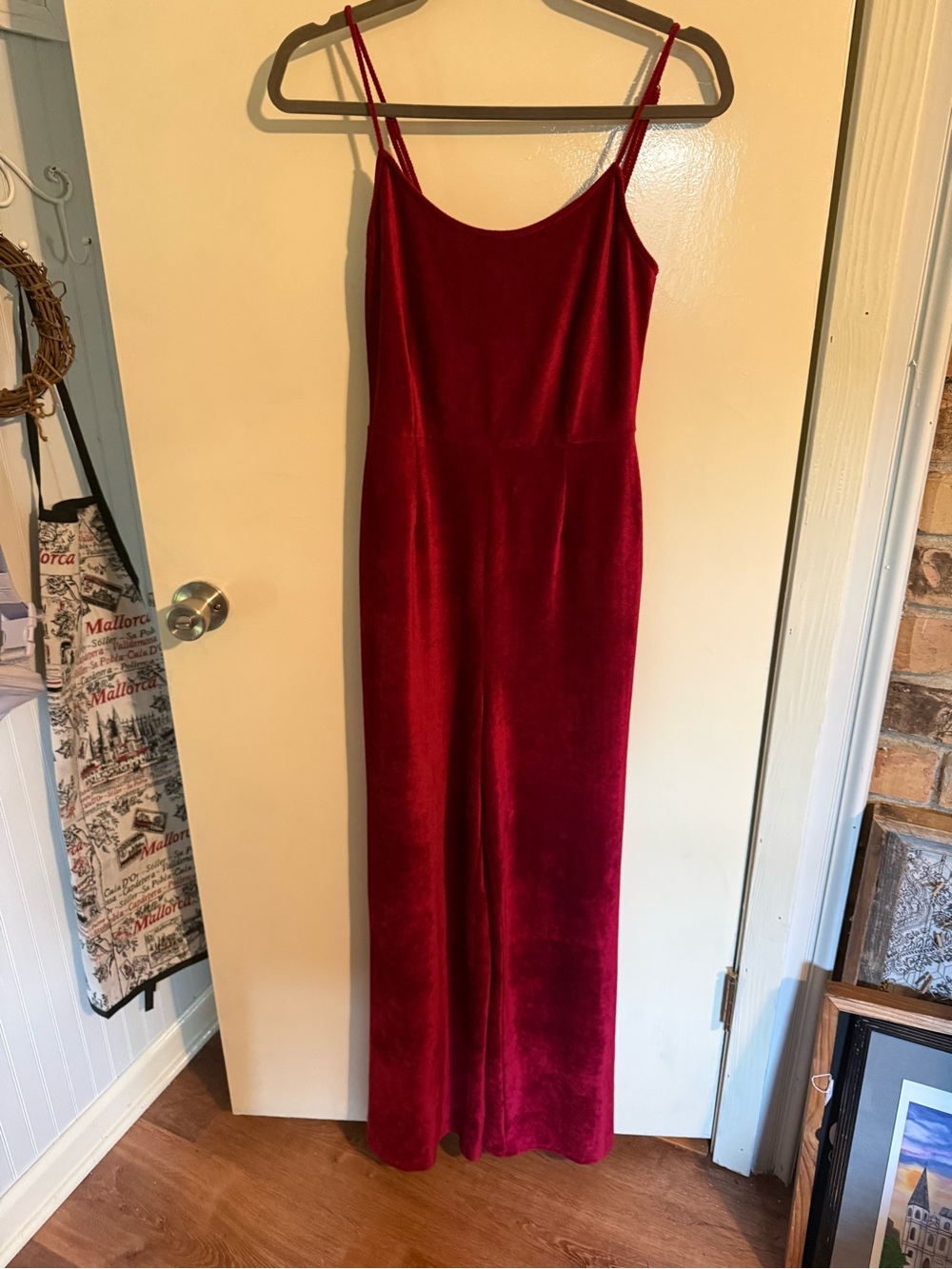 Women’s Red Jewel Tone - Velvet Spaghetti Strap wide leg Jumpsuit - size small